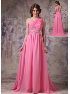 Wonderful Rose Pink Empire One Shoulder Prom Dress Chiffon Ruch And Beading Brush Train