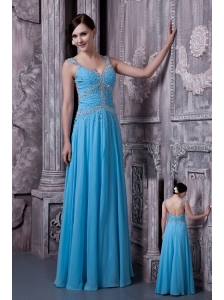 Discount Aqua Blue Evening Dress Empire Straps Chiffon Beading Floor-length
