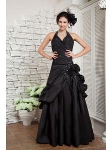 Exquisite Black Dress A-line Halter Taffeta Hand Made Flowers Floor-length