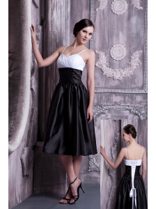 Formal White and Black A-line Spaghetti Straps Prom / Homecoming Dress Taffeta Ruch Knee-length