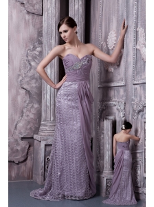 Lavender Column Sweetheart Evening Dress Special Fabric and Chiffon Beading Brush Train