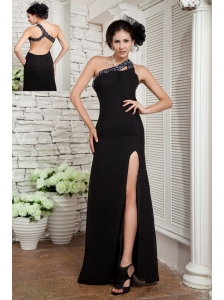 Popular Black Empire Little Black Dress One Shoulder Chiffon Floor-length Beading