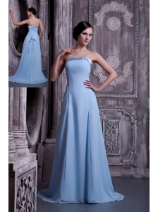 Pretty Light Blue A-line Strapless Prom / Homecoming Dress Satin and Chiffon Brush Train