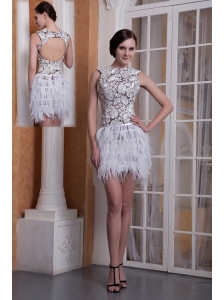 2013 New Style White Column Scoop Feather and Elastic Woven Satin Cocktail Dress Mini-length