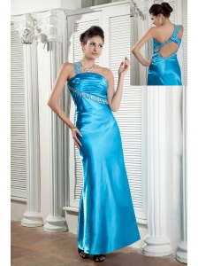 Affordable Teal Column Prom Dress One Shoulder Beading and Ruch Ankle-length Satin