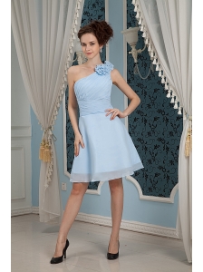 Baby Blue Bridesmaid Dress Under 100 A-line / Princess One Shoulder Chiffon Hand Made Flowers