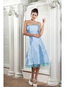 Beautiful Baby Blue Bridesmaid Dress A-line Strapless Tea-length Taffeta Ruch