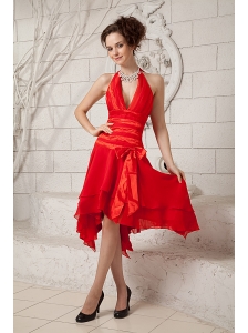 Beautiful Red Empire Halter Prom / Homecoming Dress Chiffon Ruch Tea-length