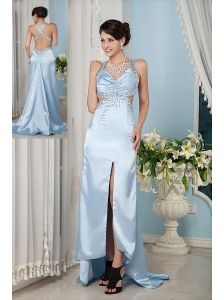 Custom Made Light Blue Column Straps Prom Dress Satin Beading Brush Train
