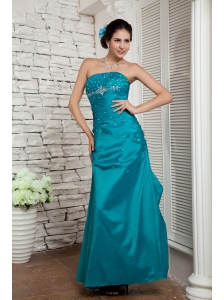 Custom Made Tuquoise Column Strapless Prom / Evening Dress Taffeta Beading Ankle-length