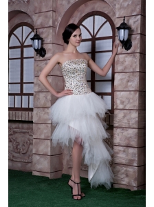 Custom Made White Column Strapless High-low Prom Dress Beading Taffeta and Tulle
