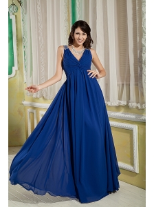 Discount Peacock Blue Bridesmaid Dress Empire V-neck Floor-length Chiffon Beading and Ruch