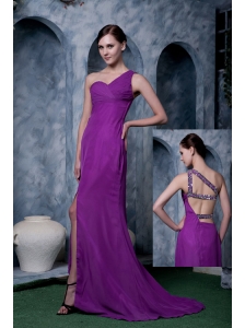 Eggplant Purple Column Prom / Homecoming Dress One Shoulder Chiffon Brush Train