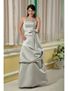 Elegant Grey Bridesmaid Dress Column Halter Floor-length Satin Bow
