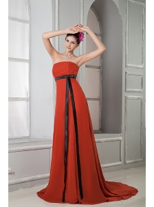 Elegant Rust Red Column Strapless Prom / Homecoming Dress Chiffon Sash  Brush Train