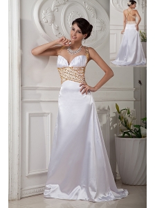 Elegant White  Prom Dress A-line / Princess Straps Brush Train Satin Beading