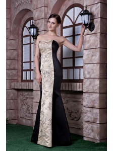 Low price Black and Champagne Evening Dress Mermaid Strapless Embroidery Satin Floor-length