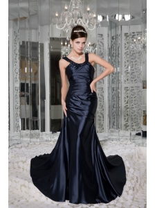 Modest Navy Blue Empire Prom / Evening Dress Scoop Taffeta Beading Brush Train