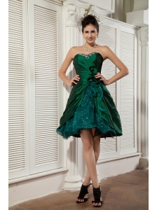 Popular Dark Green A-line / Princess Prom / Homecoming Dress Sweetheart Taffeta and Organza Beading Mini-length