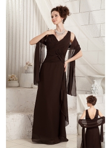 Pretty Brown Mother Of The Bride Dress Column V-neck Chiffon Ruch Floor-length