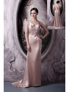 Pretty Light Pink Column Prom Dress Straps Elastic Woven Satin Beading Brush Train