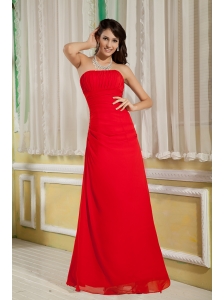 Pretty Red Bridesmaid Dress Column Strapless Floor-length Chiffon Ruch