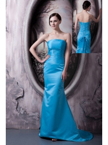 Simple Aqua Blue Bridesmaid Dress Column Strapless Elastic Woven Satin Brush Train