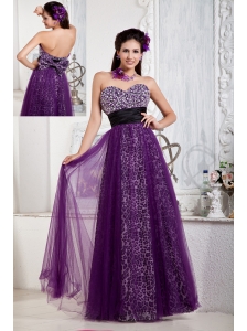 Affordable Purple Empire Prom Dress Sweetheart Tulle and Leopard Beading and Bow Floor-length