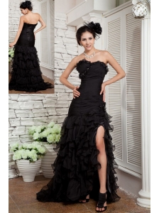 Beautiful Black A-line Sweetheart Prom Dress Organza Beading Brush Train