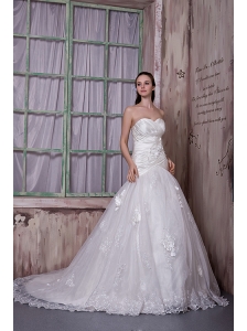 Custom Made A-line Sweetheart Court Train Taffeta and Lace Hand Made Flowers Wedding Dress