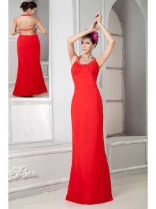 Custom Made Red Prom Dress Column Scoop Floor-length Chiffon Beading