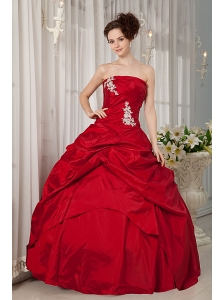 Custom Made Wine Red Ball Gown Quinceanera Dress Strapless Taffeta Appliques Floor-length