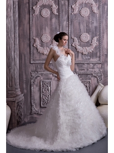 Customize A-line / Princess One Shoulder Wedding Dress Tulle Beading Court Train