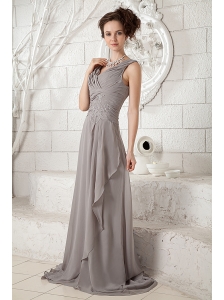 Customize Gray Empire V-neck Prom Dress Chiffon Ruch Brush Train
