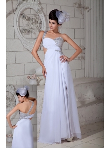 Elegant White Empire One Shoulder Prom Dress Chiffon Beading Brush Train