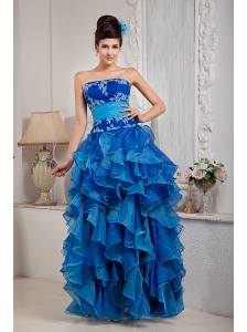 Exclusive Blue Empire Prom Dress Strapless Organza Appliques Floor-length