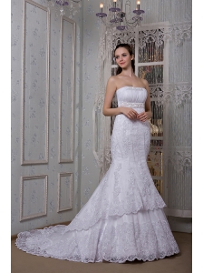 Fashionable Mermaid Strapless Wedding Dress Taffeta and Lace Court Train