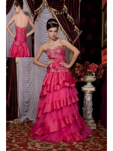 Hot Pink 2013 Prom / Evening Dress A-line Sweetheart  Taffeta and Tulle Beading Brush Train