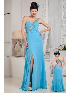 Modest Aqua Blue Empire One Shoulder Prom   Dress Chiffon Beading Floor-length