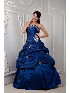 Perfect Royal Blue Ball Gown Strapless 15 Quinceanea Dress Taffeta Appliques Floor-length