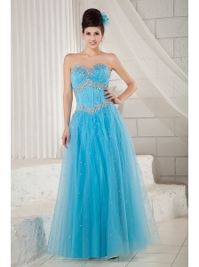 Popular Aqua Blue Prom Dress A-line Sweetheart Tulle Beading Floor-length
