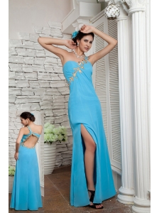 Pretty Aqua Blue Empire One Shoulder Prom Dress Floor-length Chiffon Appliques