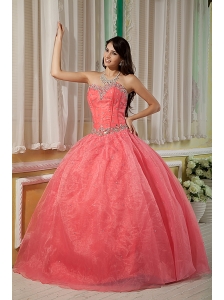 Sexy Watermelon Ball Gown 15 Quinceanera Dress Sweetheart Organza Beading Floor-length