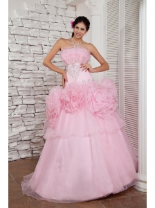 Simple Baby Pink Prom Dress A-line Strapless Organza Beading Floor-length