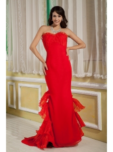 Simple Red Mermaid Prom Dress Sweetheart Chiffon and Organza Brush Train
