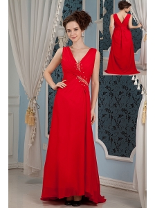 Sweet Red Column Prom Dress V-neck Beading Brush Train Chiffon