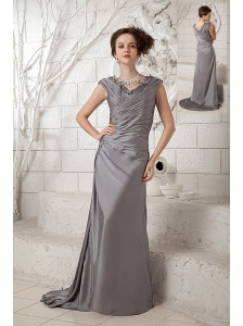 The Most Popular Gray Column V-neck Prom Dress Chiffon Ruch Brush Train