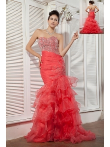 Unique Coral Red Mermaid Prom / Evening Dress Sweetheart Beading Brush Train Organza