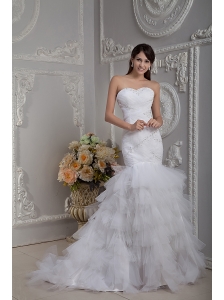 Affordable Mermaid Wedding Dress Sweetheart Court Train Tulle Beading and Ruch