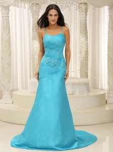 Aqua Blue Spaghetti  Straps Plus Size Prom Dress For Celebeity Appliques Custom Made